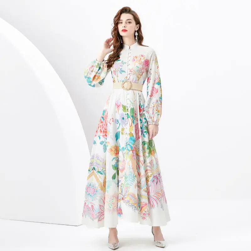 TRAF Elegant Linen Floral Holiday Robe Maxi Dress Women Spring Summer Fashion Stand Long Sleeve Sashes  Floral Print Vestidos