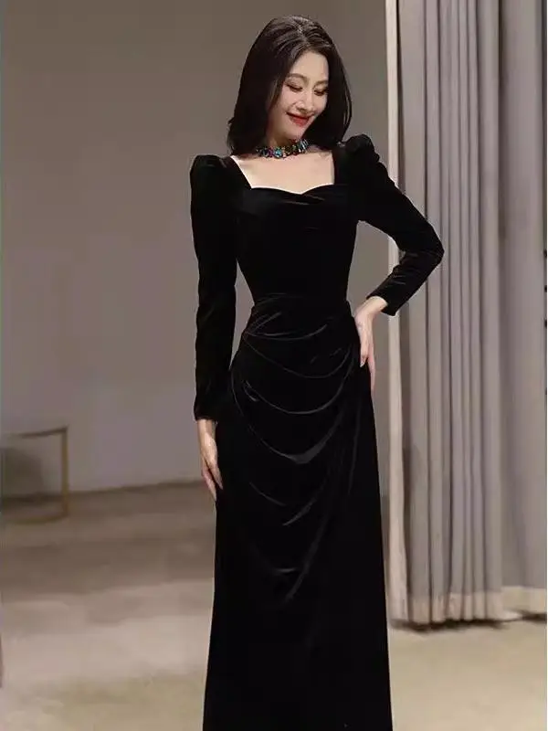 

Ele Bla Velvet Long Sve Women's Dr 2025 New High-End Gown Floor-Length Luxury Aosphere Wedding Par Performance