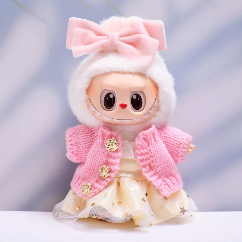Vestiti per bambole Labubu Gonna cardigan lavorata a maglia rosa oro 17 cm Vestiti per bambole in peluche Labubu I II Idol Doll Seduta Accessori per feste