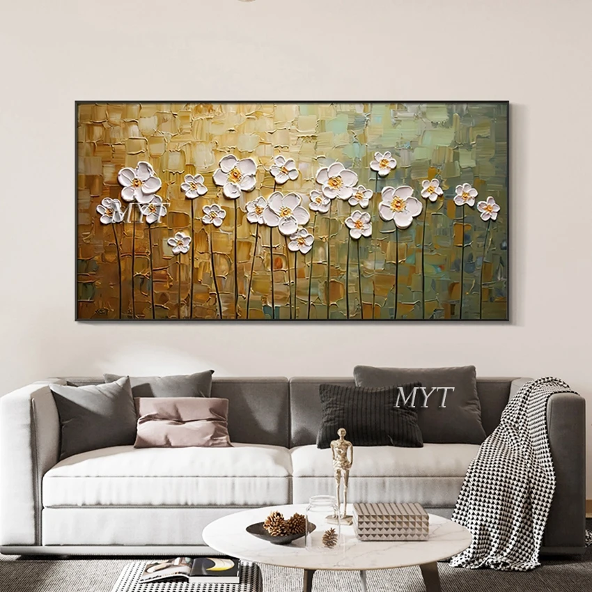 

Large Size White Flower Acrylic Textured Abstract Paintings Large Size Knife Art Wall Picture For Restaurant Home Decor Unframed