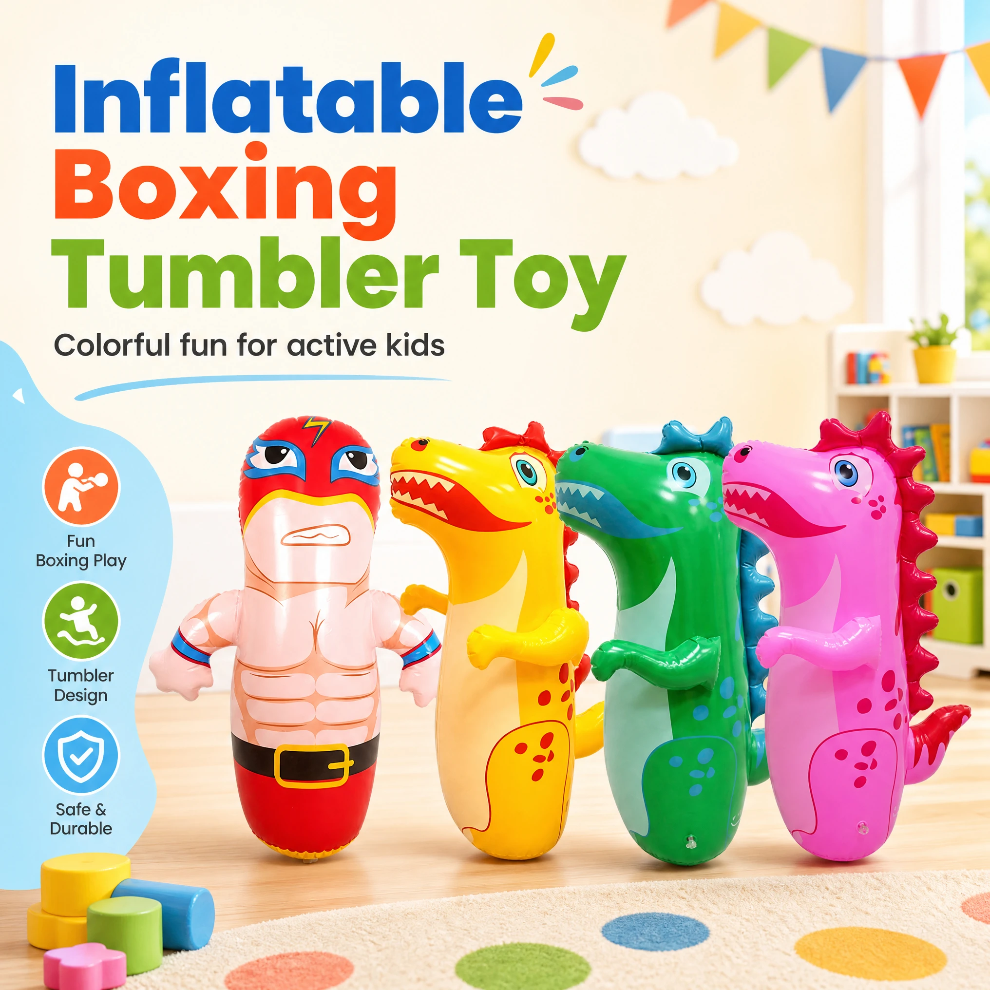 Inflatable Dinosaur Tumbler Thickened PVC Kids Punching Bag Water Weighted Base Stress Relief Boxing Toy Indoor Outdoor