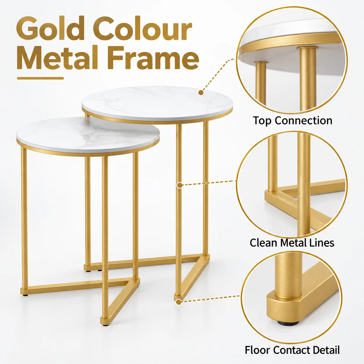 Set of 2 Round Nesting Side Tables 45cm Sintered Stone Tops Gold Metal Frame for Living Room Sofa Side