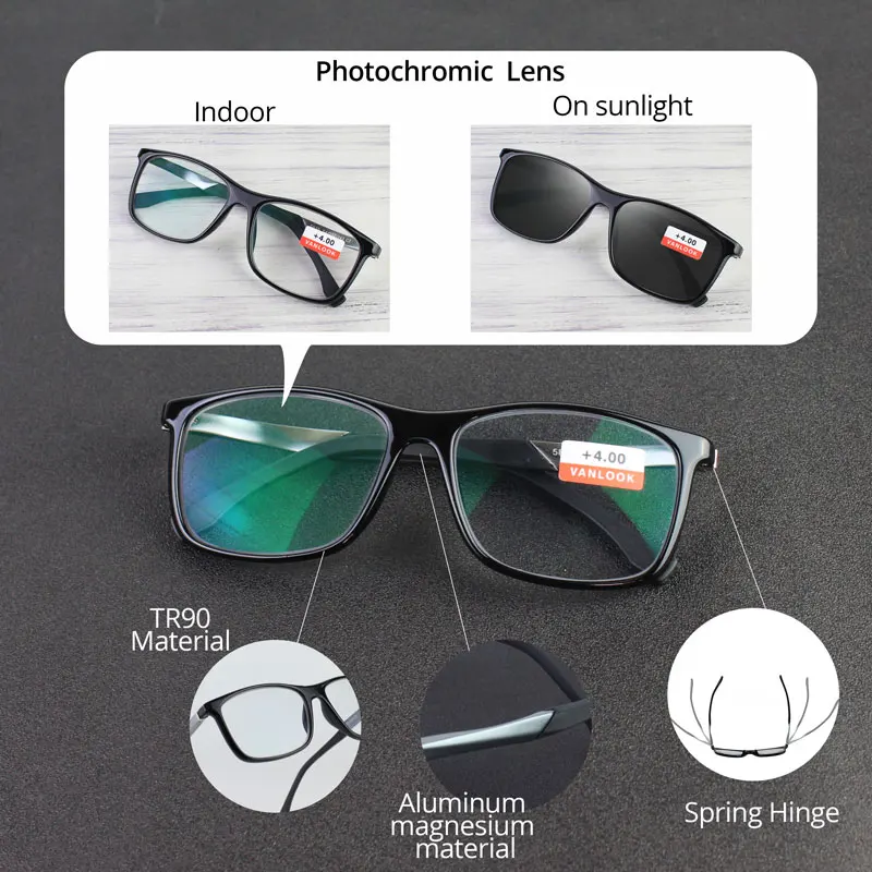 Photochromic Reading Glasses Men Women TR90 Square Big Frame Optical Spectacle Chameleon Lens +0.50+0.75+1.75+2.75 +4.25+5.00