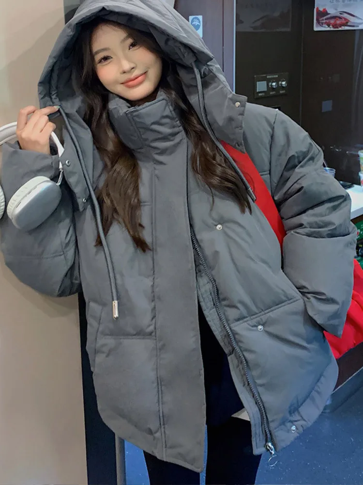 Casual parkas zíper puff casacos hoodies feminino engrossado solto sólido manga comprida jaquetas feminino inverno algodão curto casaco