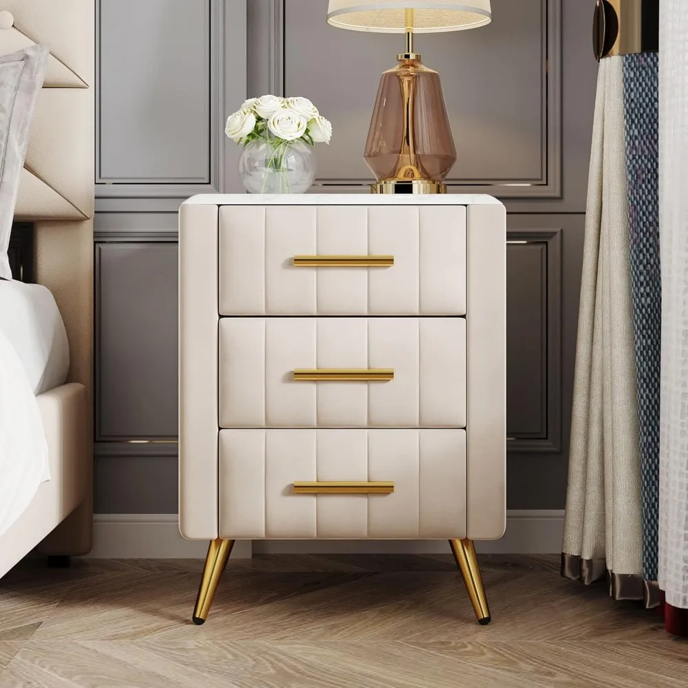 

3-drawer Bedside Table with Metal Legs and Handles, Cushioned Bedside Table with Artificial Marble Countertop