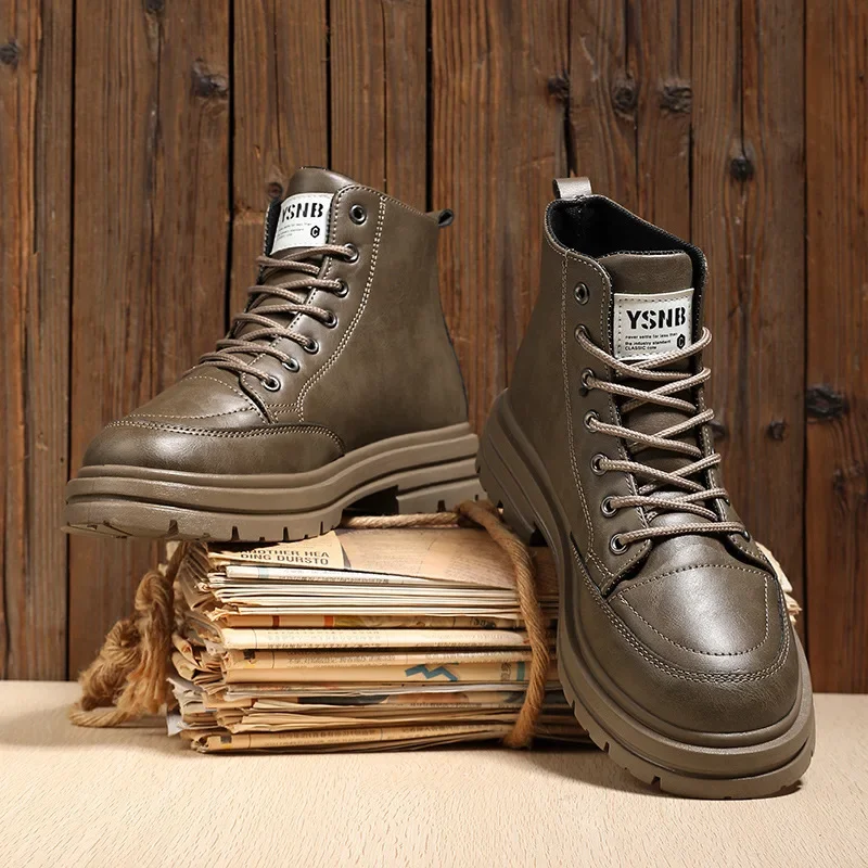 Men Boots Autumn Leather Waterproof Mid-top Sports Shoes New Fashion Ankle Boots Casual Outdoor Hiking Boots Shoes Male Sneakers