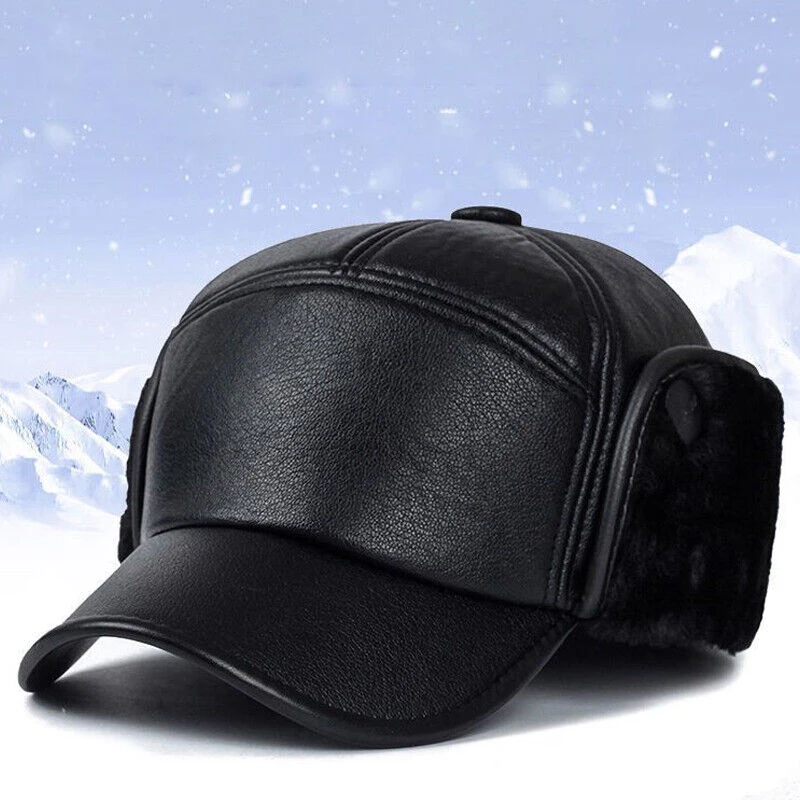 Winter Warm Cap Men Black Leather Fur Baseball Cap Hats for Men Snapback Women Casquette Bones Dad Caps Gorras Earflaps Thicken