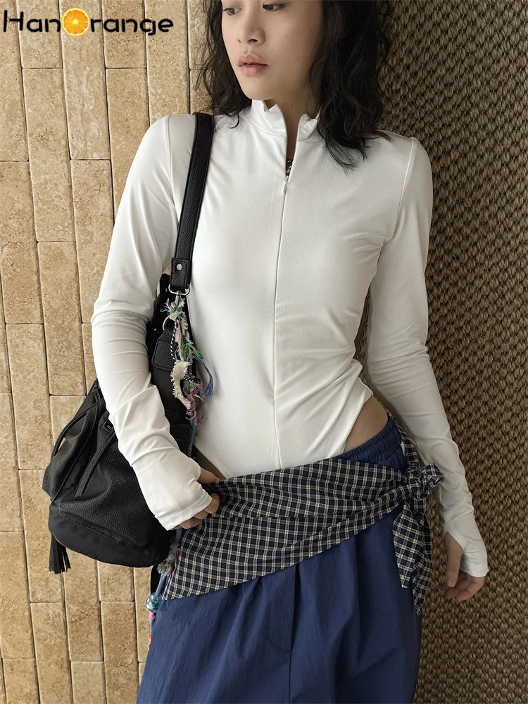 HanOrange 2026 Spring Autumn Fashion Half High Collar Zipper Jumpsuit T-shirt Stacked Top White/Black/Coffee