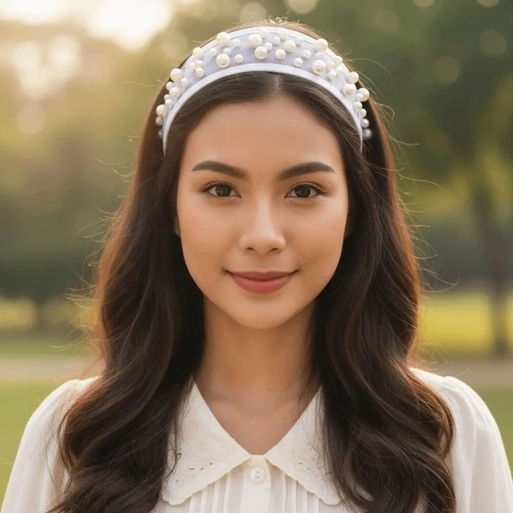 

Headwear Mesh Pearls Headband Beads Waterproof Rhinestone Wide Hair Hoop Solid Color Creative Black White Hairband Daily