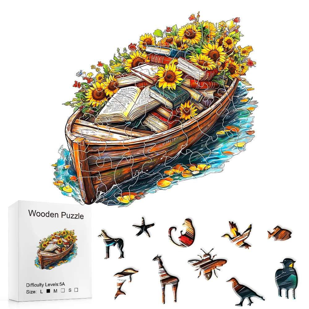 Vintage Boat Wooden Jigsaw Puzzle, Stacked Books and Sunflower Art, Whimsy Pieces, Art Puzzle for Home Decor & Birthday Gifts