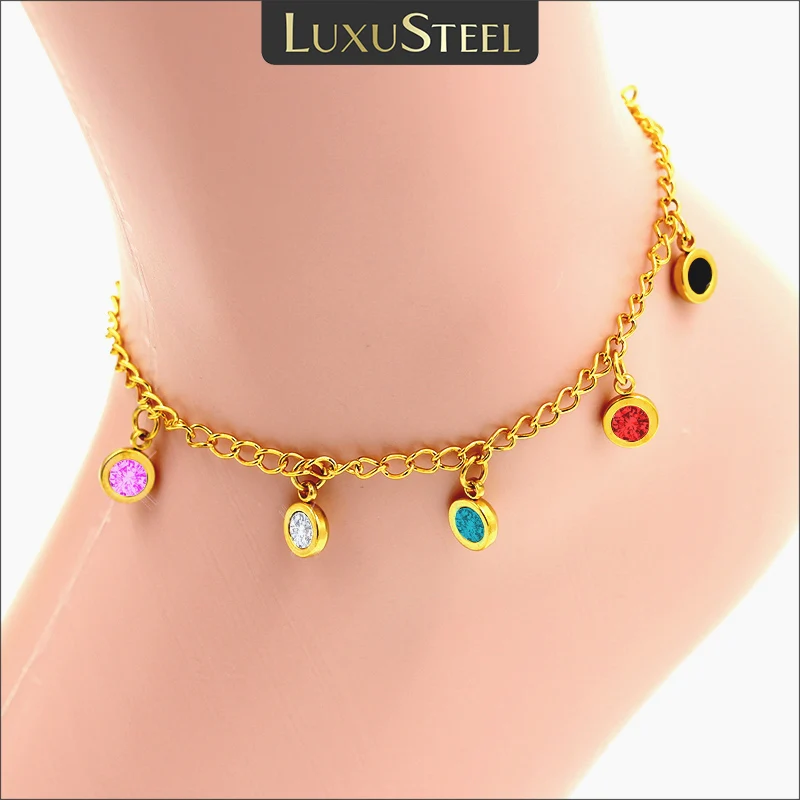 LUXUSTEEL Hot Sell Fashion Anklets Golden Color Round Colorful Crystal Pendant Chain Anklet For Women/Lady Christmas Gift