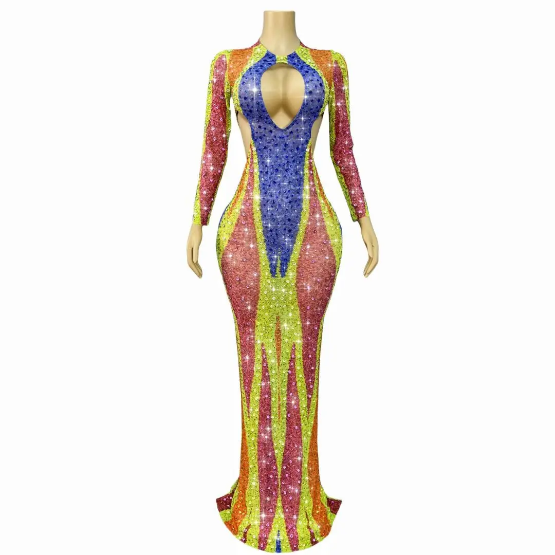 High-End-Mode Frauen Bunte Gedruckt Strass Mesh Kleid Sexy Cut Out Bodycon Maxi Lange Promi Abend Party Kleider