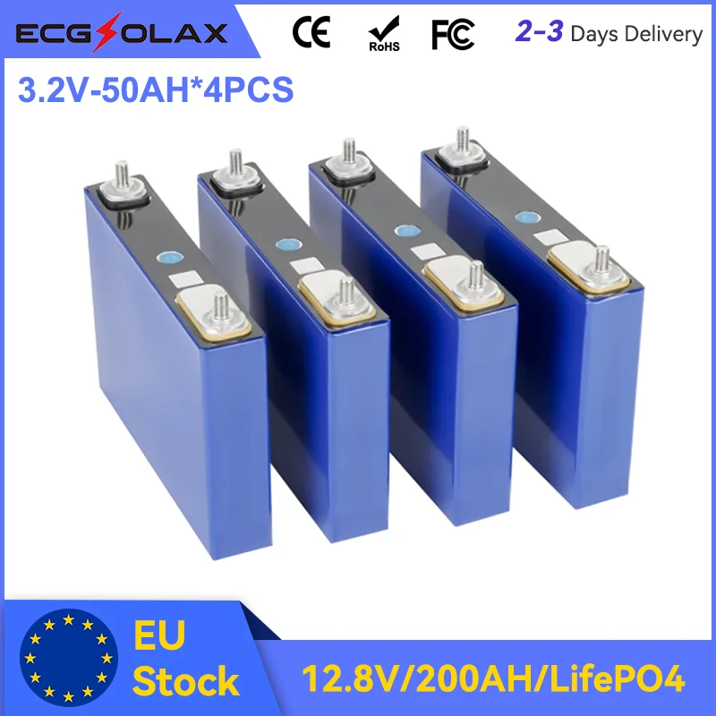 ECGSOLAX 4PCS 3.2V 50Ah LiFePo4 Battery 8000+ Cycles 12V Lithium Iron Phosphate Rechargeable DIY Battery Pack For Solar System