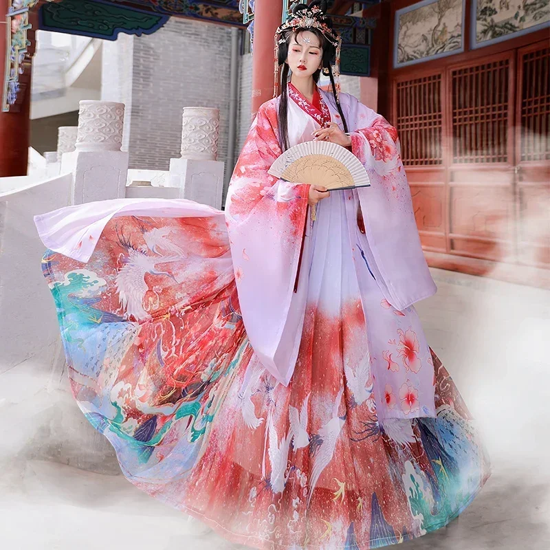 Hanfu de estilo clásico chino para mujer, traje de Cosplay rojo, morado y blanco, ropa de escenario, bata de baile folclórico, cuello cruzado