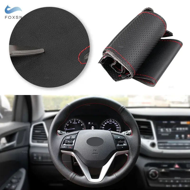 

Для Hyundai Tucson 3 2015 2016 2017 2018 2019 ручная сшитая перфорированная кожаная отделка салона рулевого колеса автомобиля