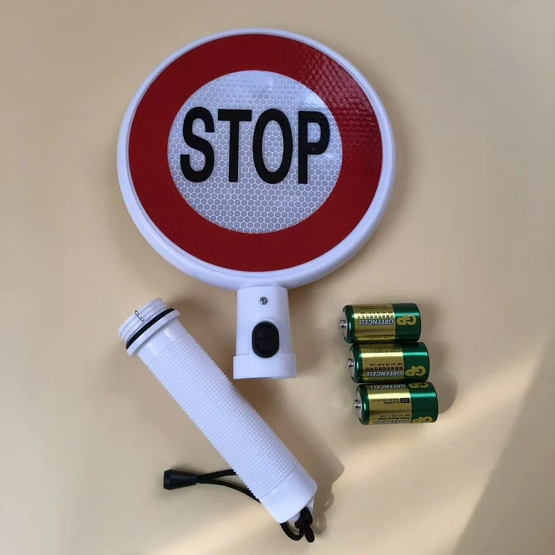 19cm Round Reflective Signage LED Flash Traffic Warning Light Stop Sign Battery-Powered Handheld Warning Command Sign