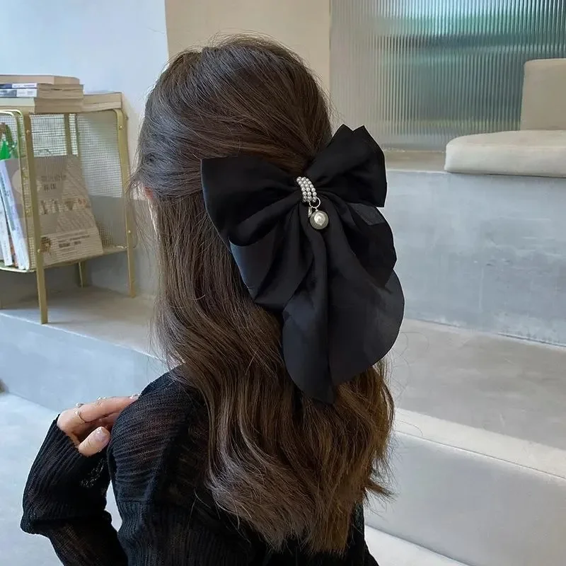 New Women\'s Long Ribbon Bow Spring Clip Solid Color High Grade Pearl Sweet and Cute Duckbill Clip Spring/Summer Fashion Headwear