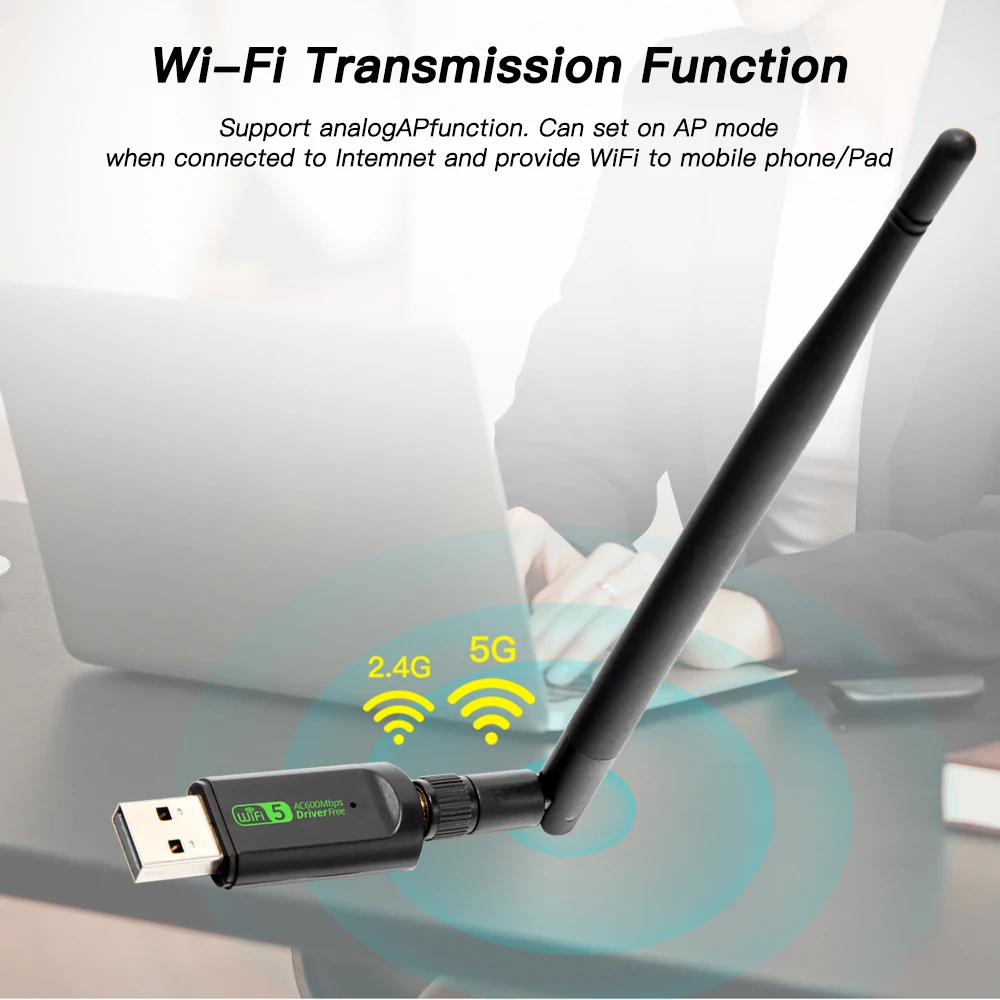 WiFi Adapter AC650 USB Network Card Dual Band Wi-Fi Dongle High Gain Antennas WiFi Receiver For PC Laptop Driver Free