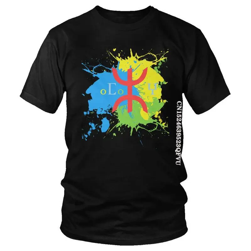 Amazigh Flag Splash Art Design Tshirt Men Leisure Tee Tops Cotton Oversized T Shirt Berber Proud Tifinagh Tshirts Men Clothes