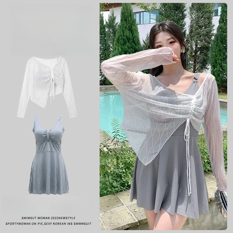 Women 2 Piece Swimdress Set Sling Skirted Swimsuit White Mesh Drawstring Long Sleeve Cover Up Summer Beach Bathing Suit Swimwear