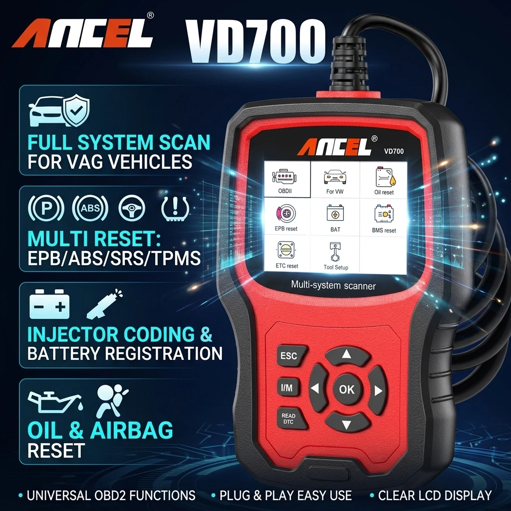 Ancel VD700 OBD2 Scanner Car Code Reader Full System Diagnostic Scan Tools EPB ABS D.PF TPMS Oil Reset for VW Audi Skoda Seat
