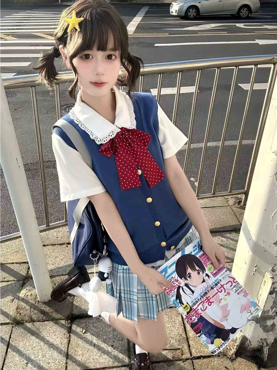 

Original Sweet Princess Style Plaid Skirt Vest Ruffle Shirt Set Breathable Polyester Fabric Button Closure Casual Wear