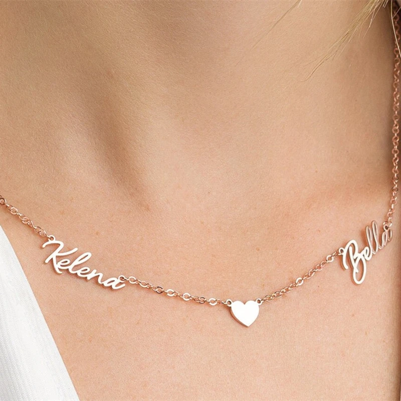 Collar de corazón personalizado con doble nombre para mujer y niña, joyería romántica de acero inoxidable, colgante con cualquier logotipo de