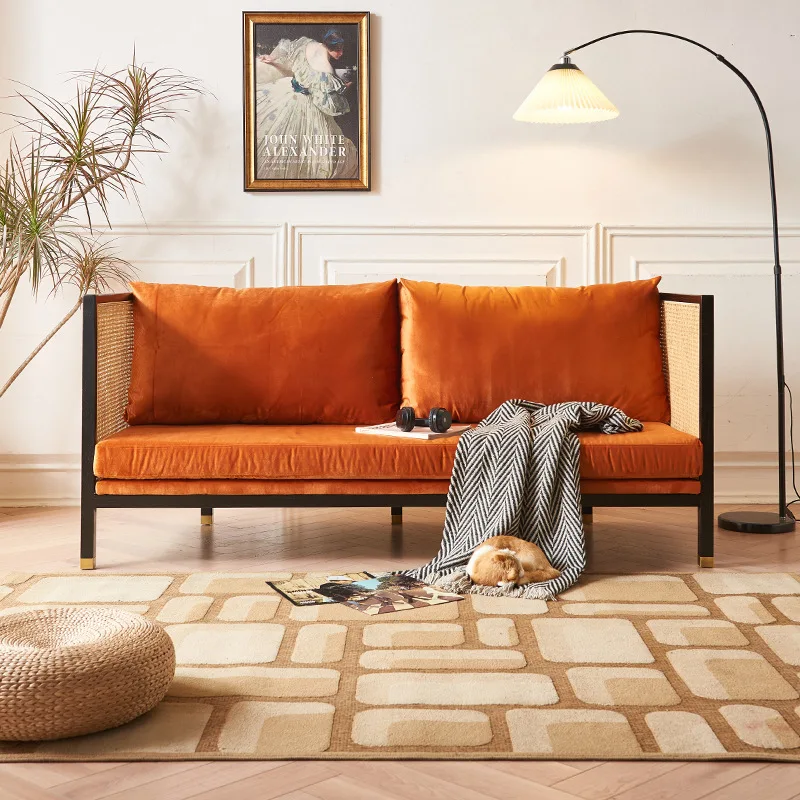 Retro light luxury solid wood rattan sofa new Chinese living room home wabi sandy wind bed and breakfast three-person sofa