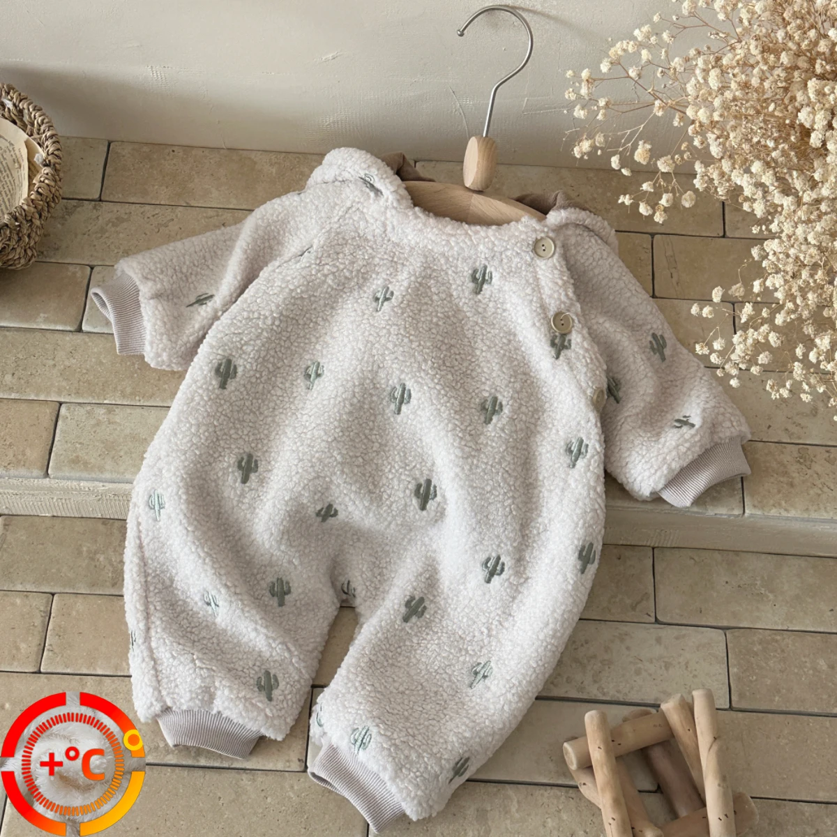 

Winter Baby Jumpsuit Cactus Embroidery Long Sleeves Pants Warm Hooded Plush Pastoral Style Design for Boy Girls Bodysuit