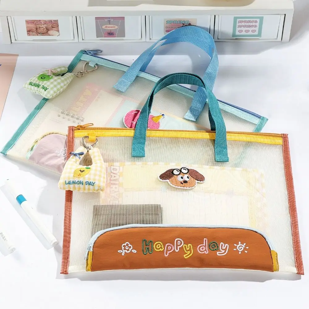 Kawaii Mesh Document Bag Clear Visible Handheld File Bag with Pencil Case Tuition Bag School Office view 3
