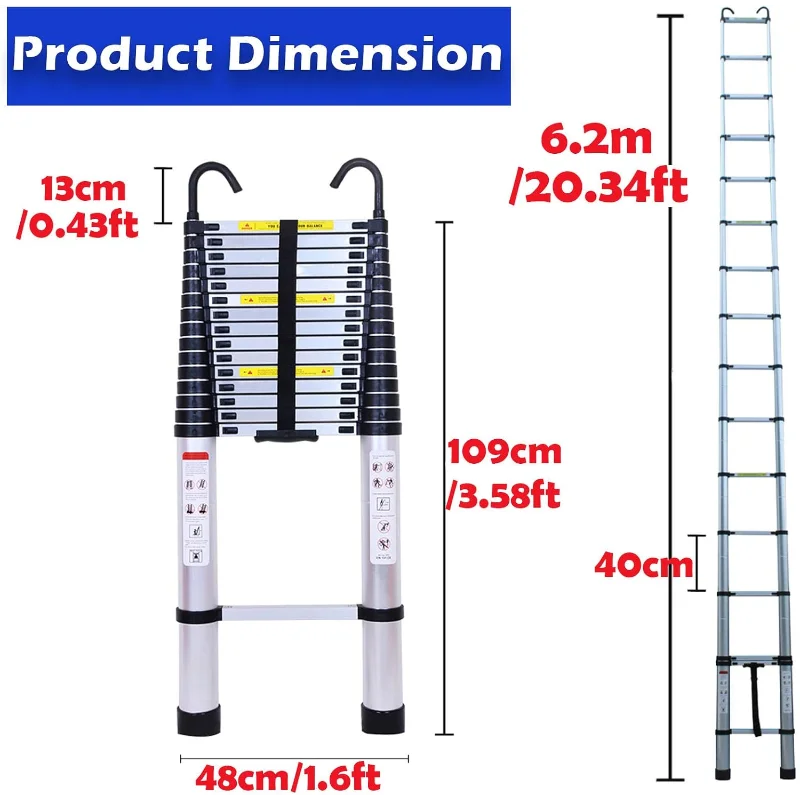 Telescoping Ladder 20ft 6.2M Aluminum DIY Extension Folding Loft Ladder with 2 Detachable Hooks Anti-Slip Rubber Feet Portable