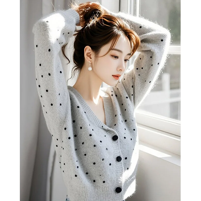 

Women Clothing Y2k Chic Polka Dot Wool Knitted Cardigan Autumn Winter Fashion Vintage Commute Loose O-neck Sweaters