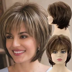 Marrón corto para mujeres blancas, corte Pixie en capas con reflejos rubios, cabello sintético de aspecto Natural