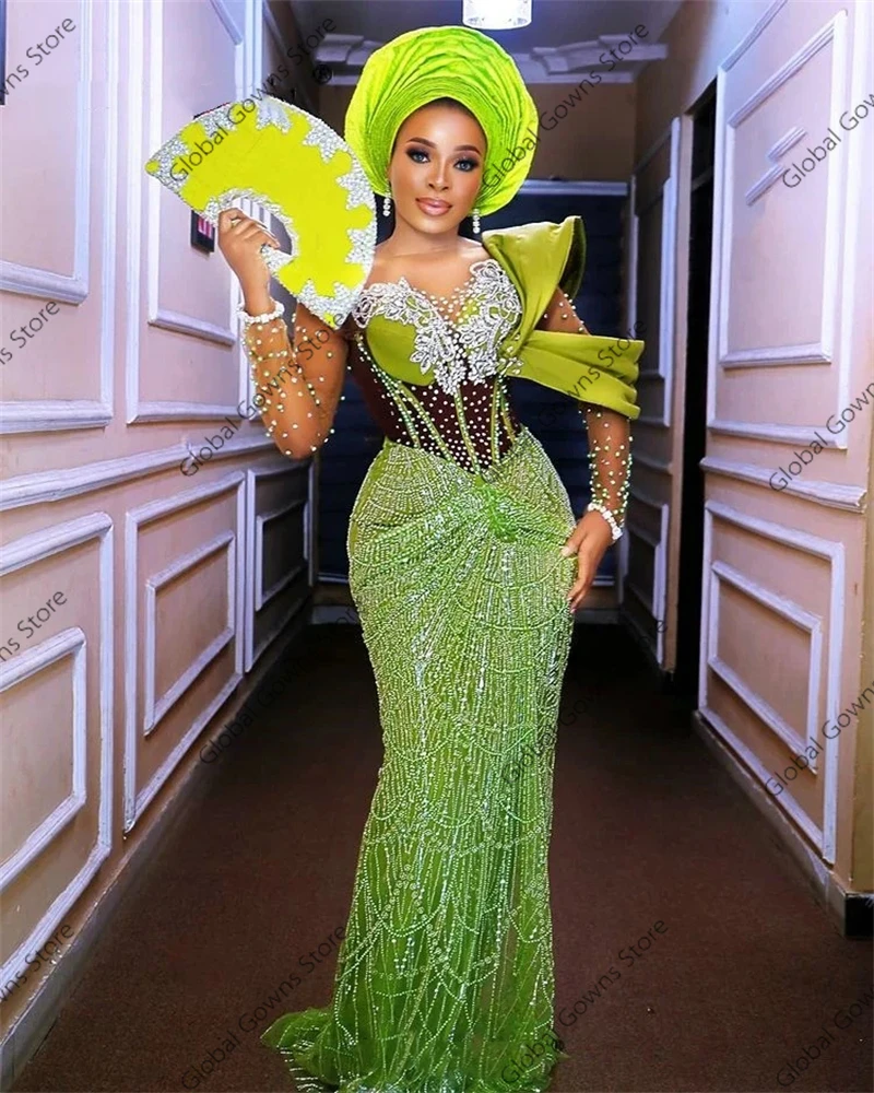 فساتين سهرة رسمية طويلة حورية البحر باللون الأخضر الأفريقي ترتر سباركلي Aso Ebi النيجيري لحفلات الزفاف والحفلات الراقصة حسب الطلب