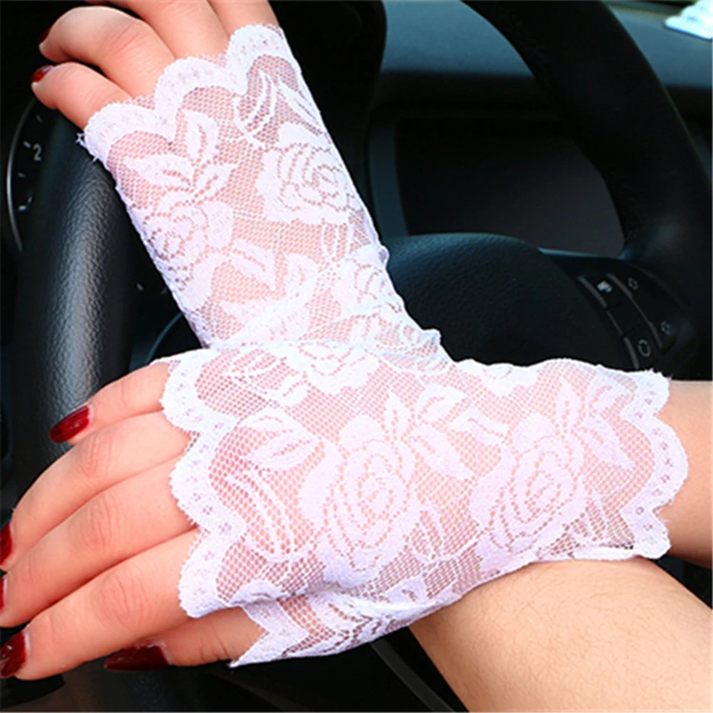 

Pair Women Half Hand Uv Protection Fingerless Gloves White Lace Breathable Driving Sun Block Gloves Sweat Absorption