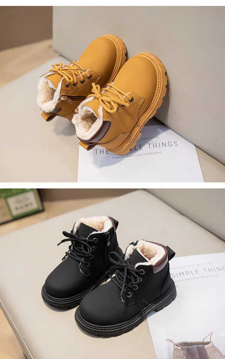 Neue Kinder-Mode-Stiefel, Winter, verdickte, rutschfeste, warme Lederstiefel für Jungen und Mädchen, seitlicher Reißverschluss, einfarbig, Freizeitschuhe für Kinder – Detail 11