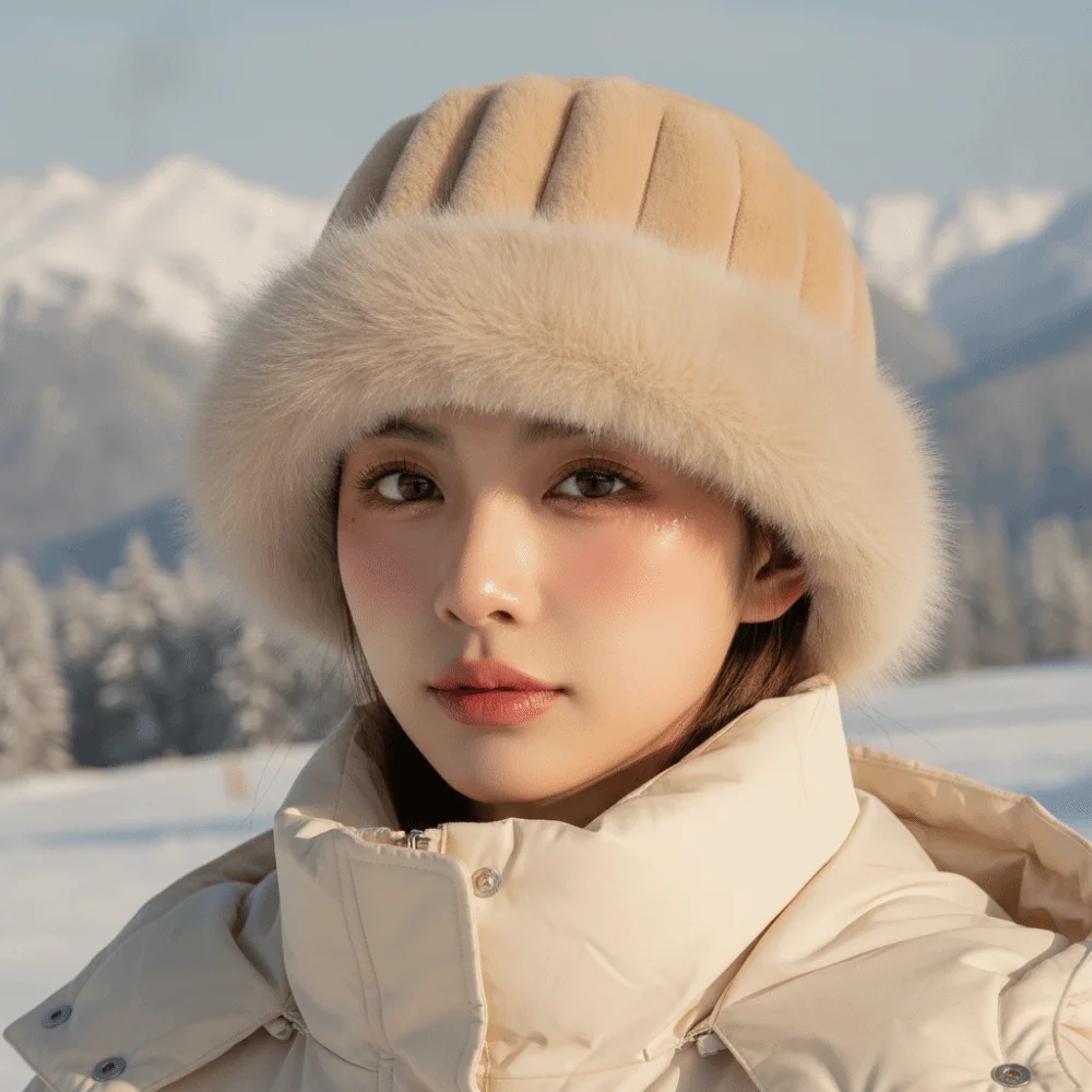 Vertical Texture Striped Fur Hat Faux Fur Brim Fleece Lining Puffy Bucket Cap Windproof Soft Plush Trapper Hats Students