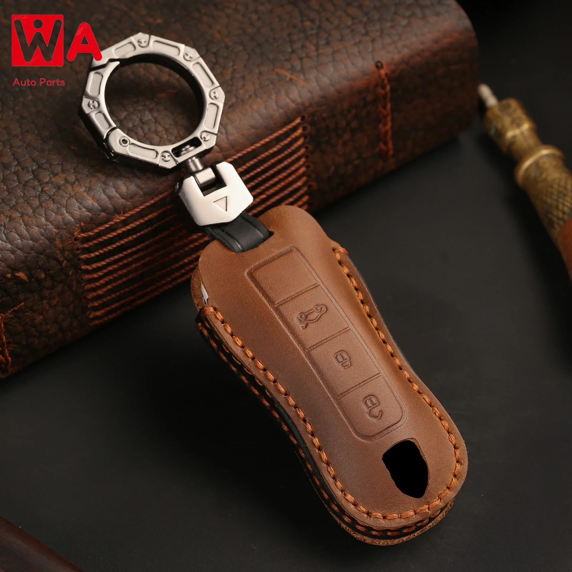 

Genuine Leather Car Key Cover For Porsche Cayenne 718 MACAN Panamera 911 Keyring Shell Fob Case Holder