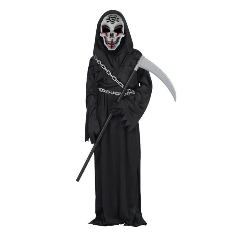 Nuovo bambino Grim Reaper Costume Horror Teschio Maschera Robe Dress Up Costume Halloween Falce Guanti a catena Puntelli Regalo