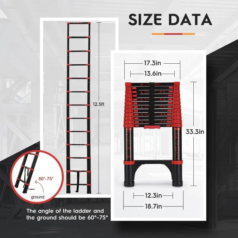 Telescopische Ladder 12.5 Ft Rood Aluminium Lichtgewicht Verlengladder Met 2 Driehoekige Stabilisatoren, Zware 330Lbs Max Capaciteit