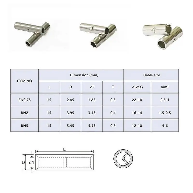 100Pcs~50pcs Non-Insulated Butt Wire Connector Ferrules Electrical Cable Terminal Copper Bare Tinned Crimp Terminal 0.5~6mm2