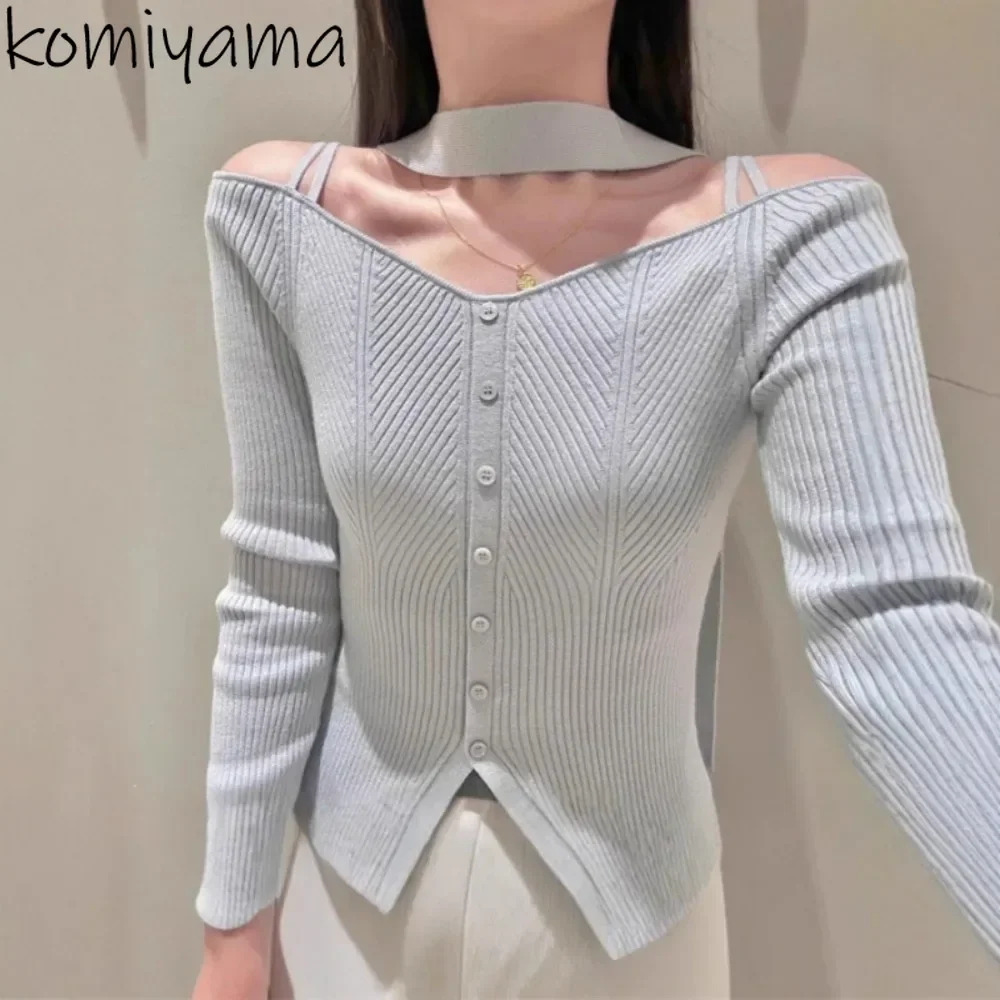 

Japan Gentel Knit Sweater Bandage Bow Woman 2025 Cardigan Halter Off Shoulder Ropa Mujer Long Sleevepulls Femmes Autumn Clothes