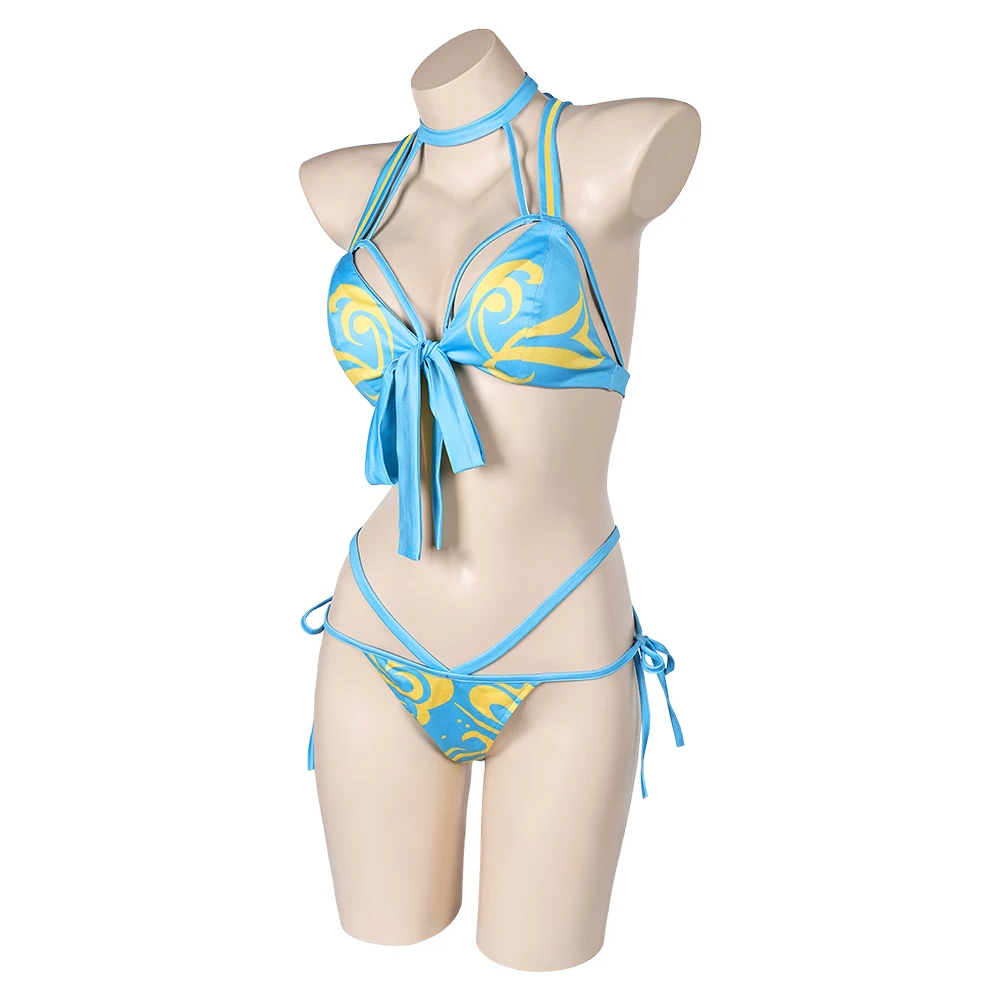 Chun Li-Bikini con estampado azul para mujer, traje de baño con peluca Sexy, disfraz de fantasía para adultos, traje de fiesta de Carnaval y Halloween