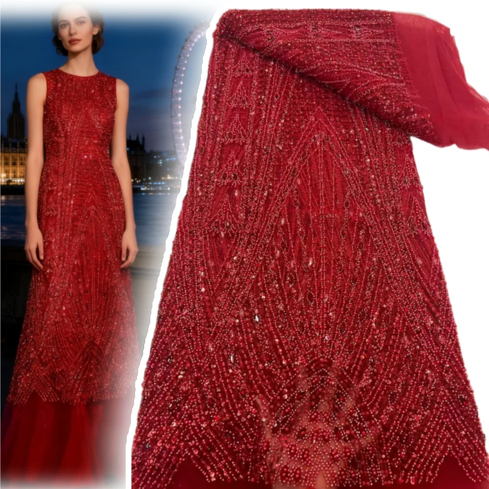 

African Handcrafted Beaded Lace Fabric 5 Yards of Premium French Mesh Sequined Lace Nigerian Fabric Bridal Party Dresses 1931