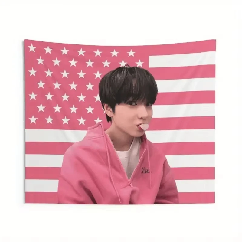1 Pc NCT WISH Sakuya Pink American Flag Tapestry | K-Pop Tour Merch with Stars & Stripes Pattern, Indoor Wall Hanging Decor