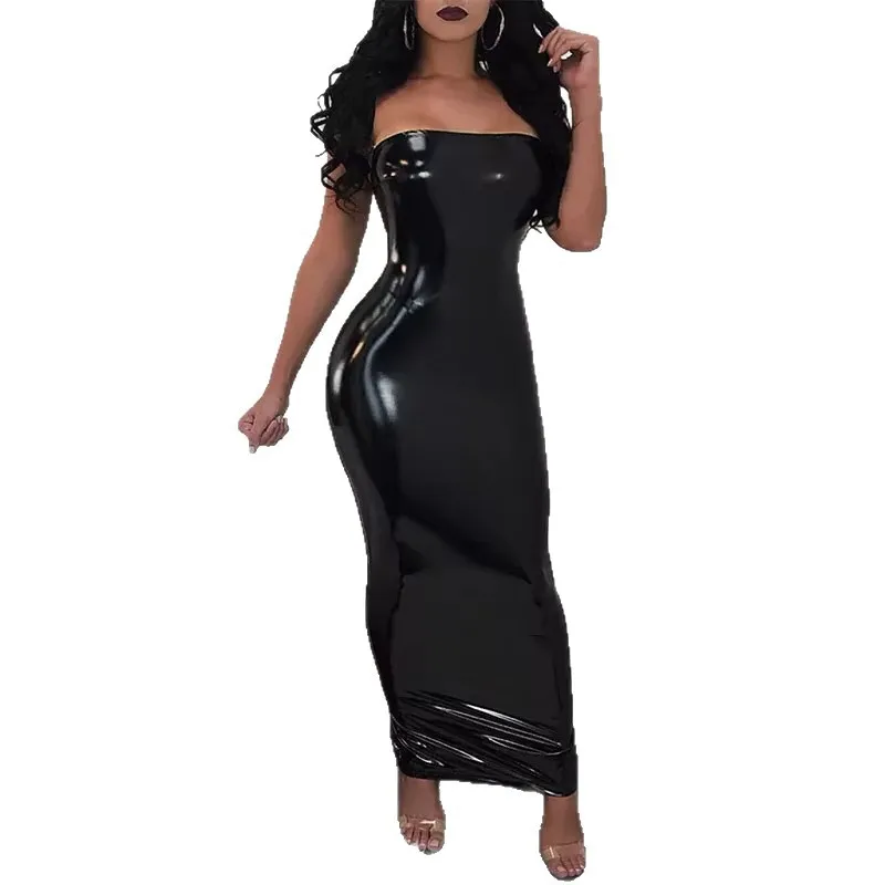 

Women Wet Look Patent Leather Dress Party Sexy Sleeveless Ladies Shiny Patent Leather Bodycon Halter Cosplay Dress Custom