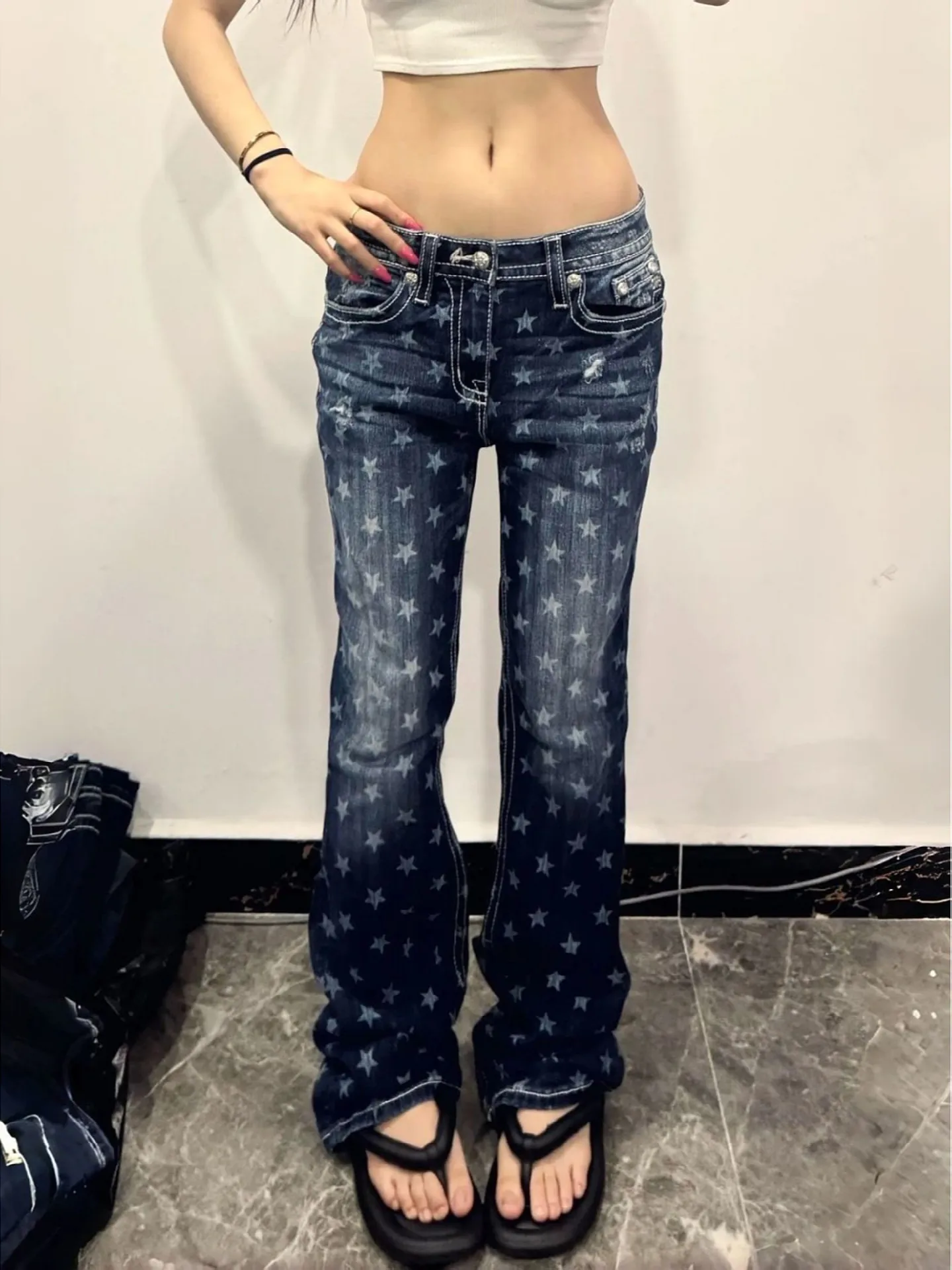 

Retro Star Print Denim Jeans Women's Loose Wide Leg Long Pants Summer Washed Casual Low Waist Blue Jeans