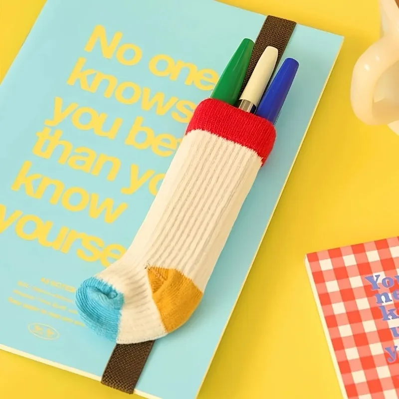 Pen Holder Retro Contrast Color Sock Shaped Elastic Book Strap With Ruler Portable Organizer For Notebook Stationery Storage