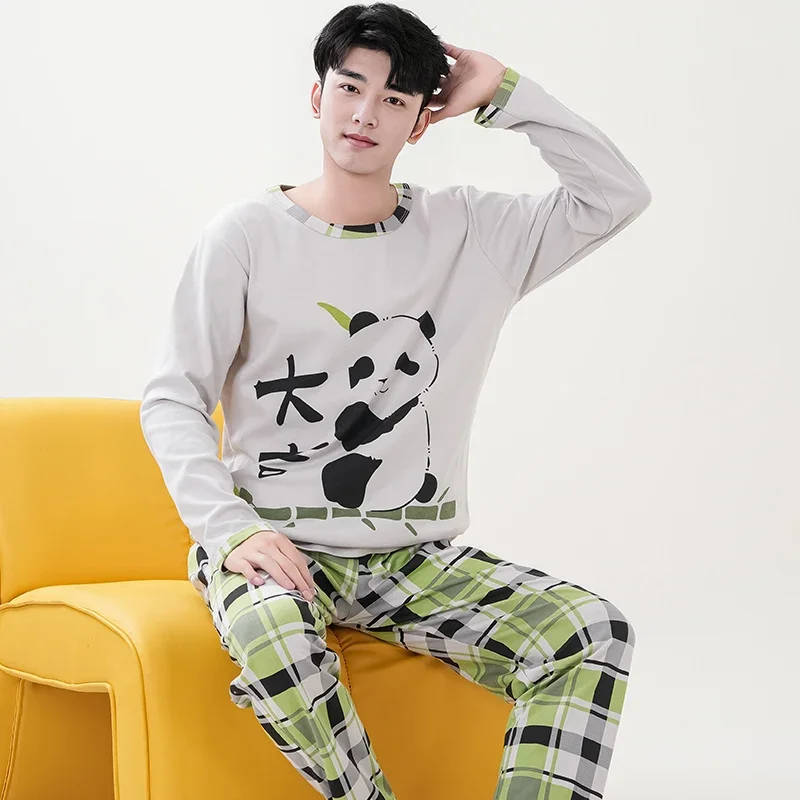 2024 New Men's Cartoon Pajamas Set Spring Cotton Male Pajamas Set Young Boy Sleepwear Long Sleep Tops + Pant 2pcs/set Pjs Hombre