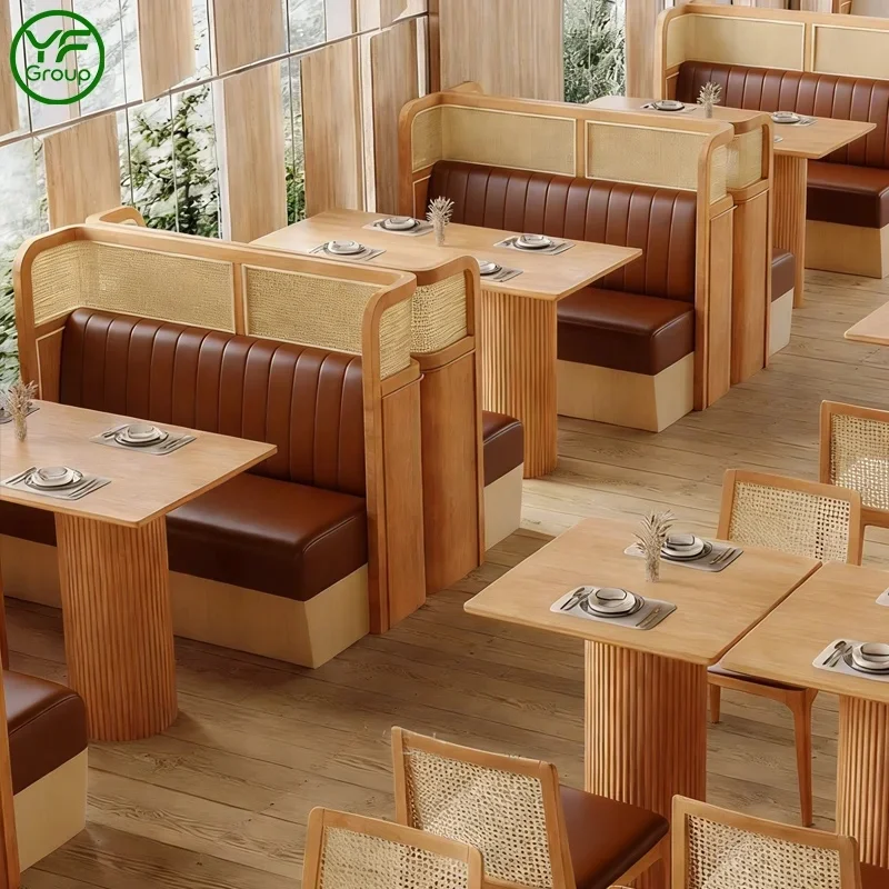 Custom Luxury Restaurant Furniture Curved Rattan Wood Booth Sofa Leather Fabric Booth Seating for Cafe Hotel